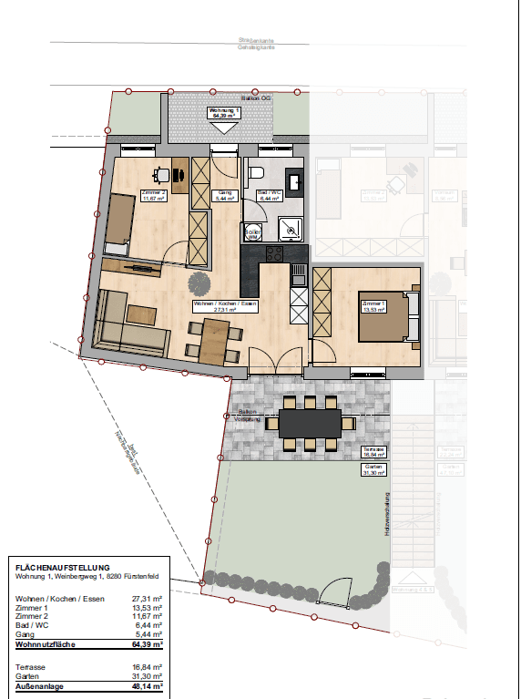 Grundriss einer Erdgeschosswohnung mit großzügiger Terrasse, Garten und offenem Wohnbereich.