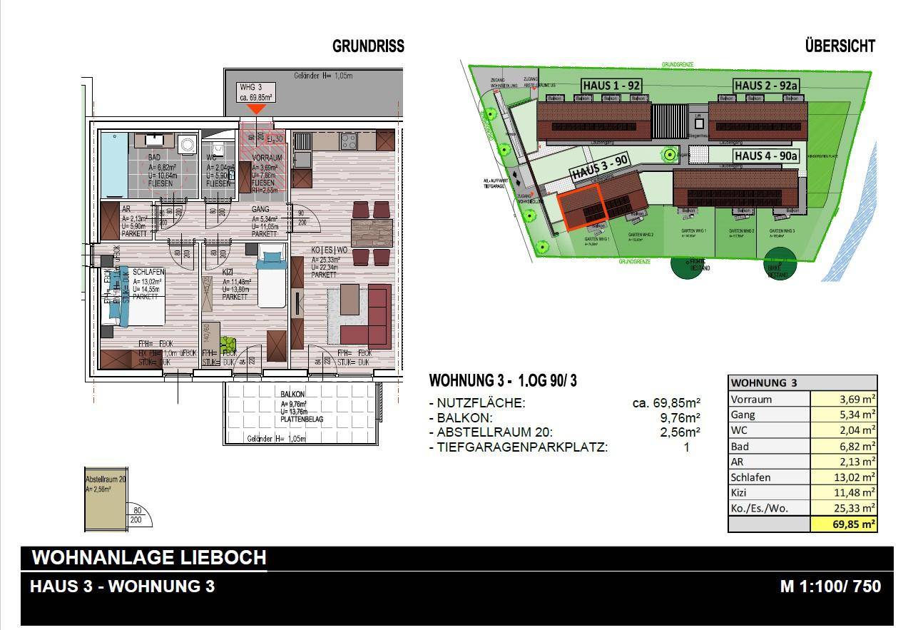 Detaillierter Grundriss einer 3-Zimmer-Wohnung mit Balkon und Tiefgaragenstellplatz.