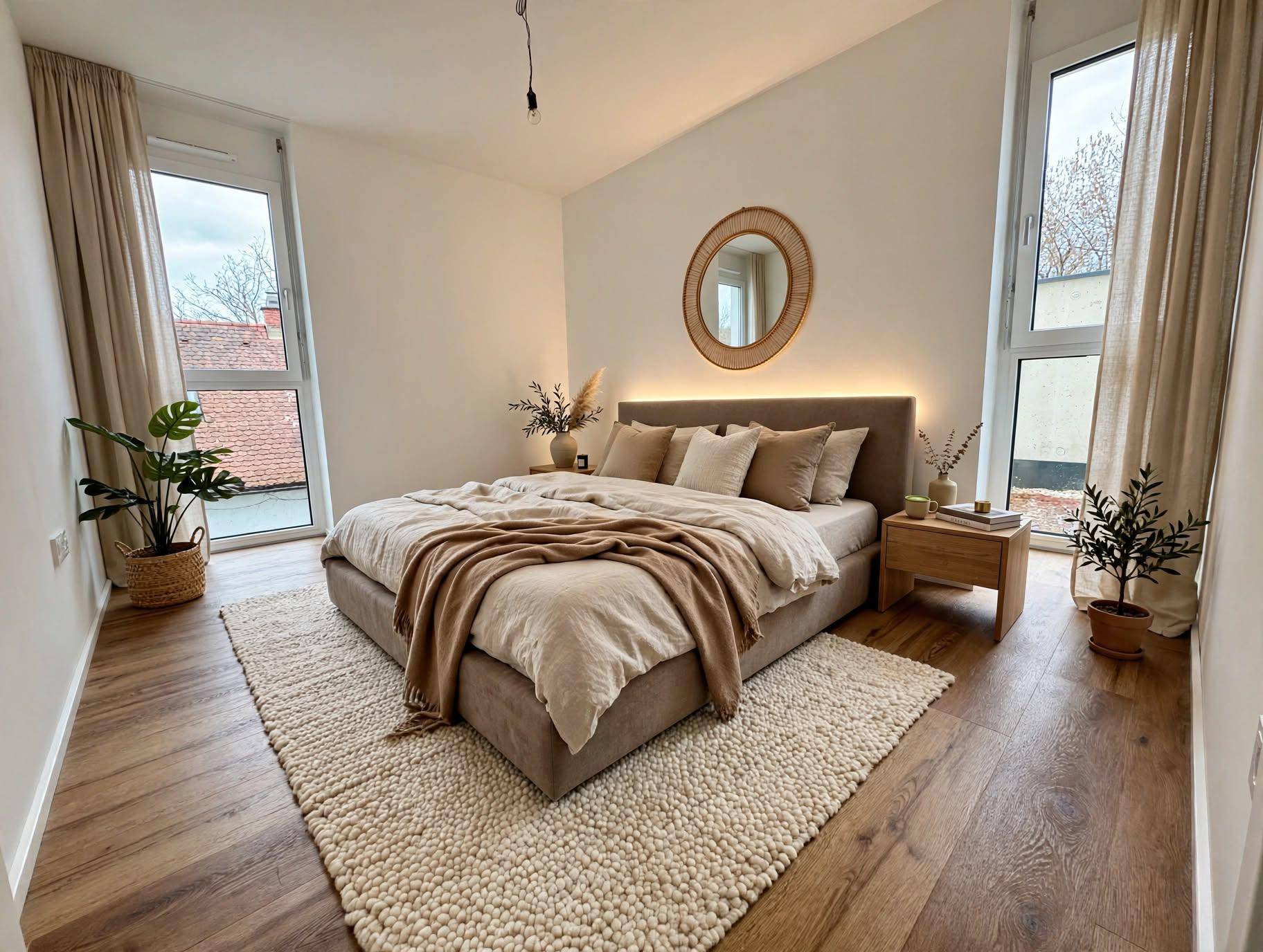 Helles Schlafzimmer mit großem Bett, Holzboden und bodentiefen Fenstern.