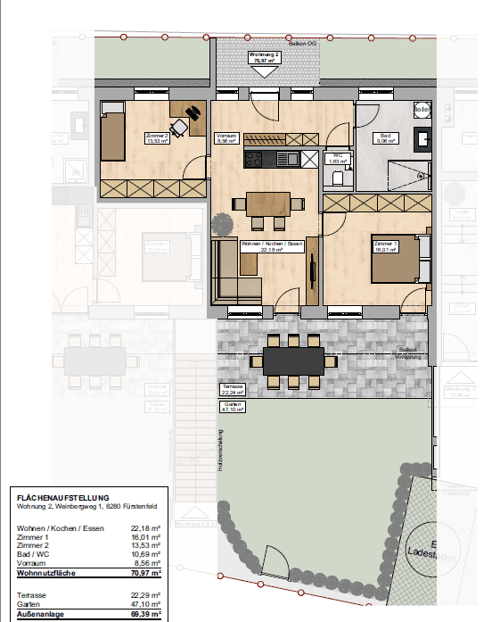 Grundriss einer Erdgeschosswohnung mit Terrasse, Garten und offenem Wohn-/Kochbereich.