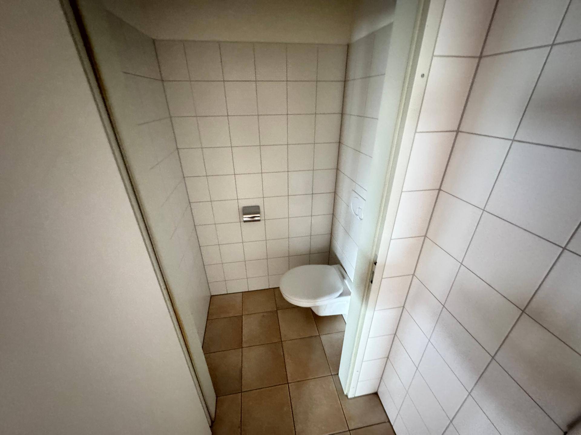 Kleines WC mit wandhängender Toilette, weißen Wandfliesen und braunen Bodenfliesen.