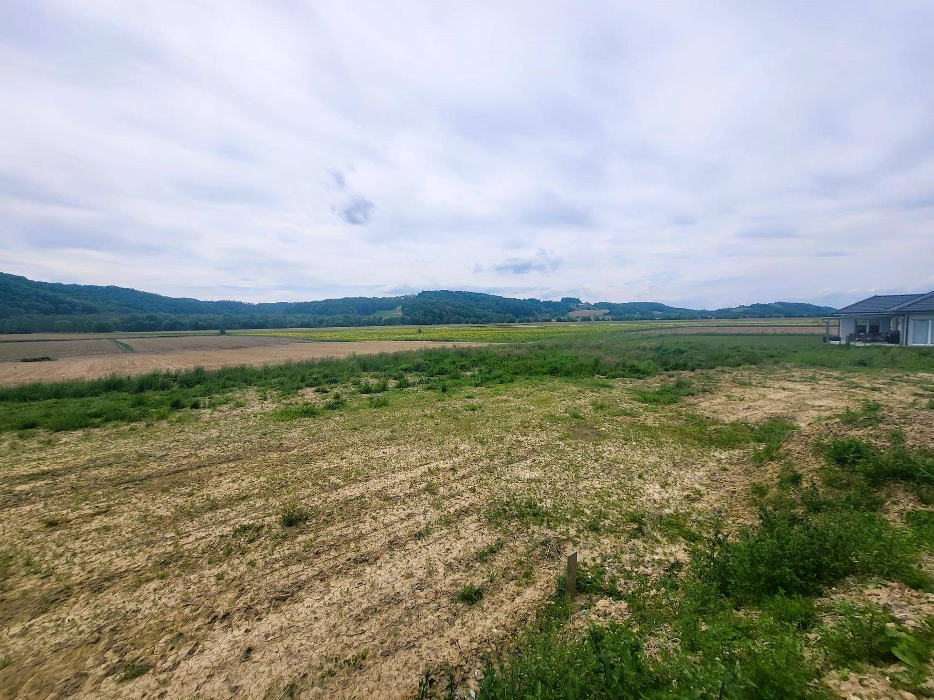 Ruhige ländliche Umgebung mit Feldern, Wäldern und einem Haus am Horizont.
