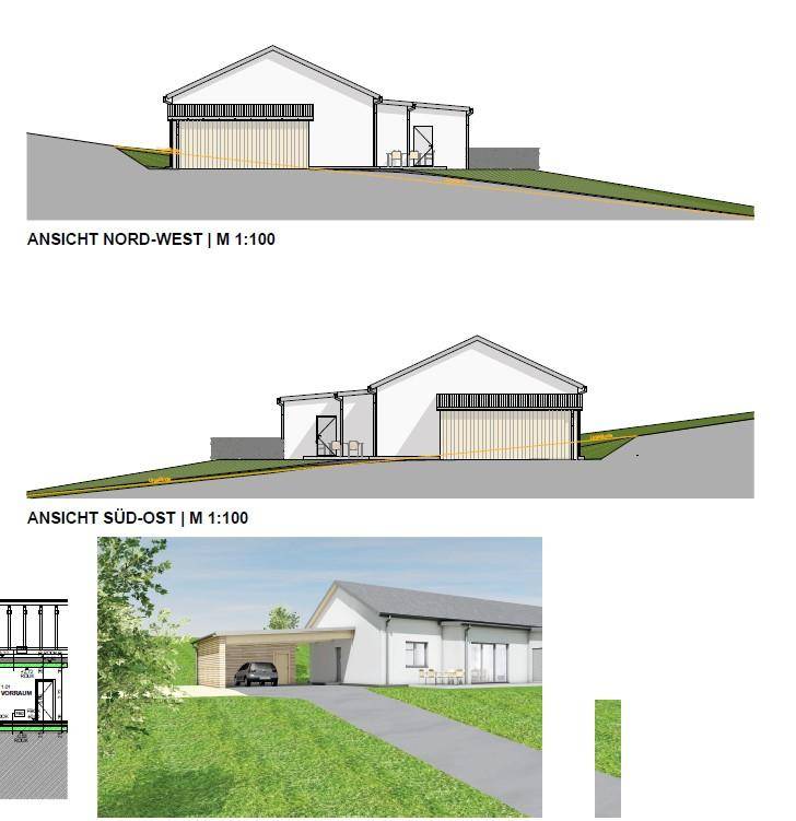 Architektonische Ansichten des Hauses von Nord-West und Süd-Ost mit Carport.