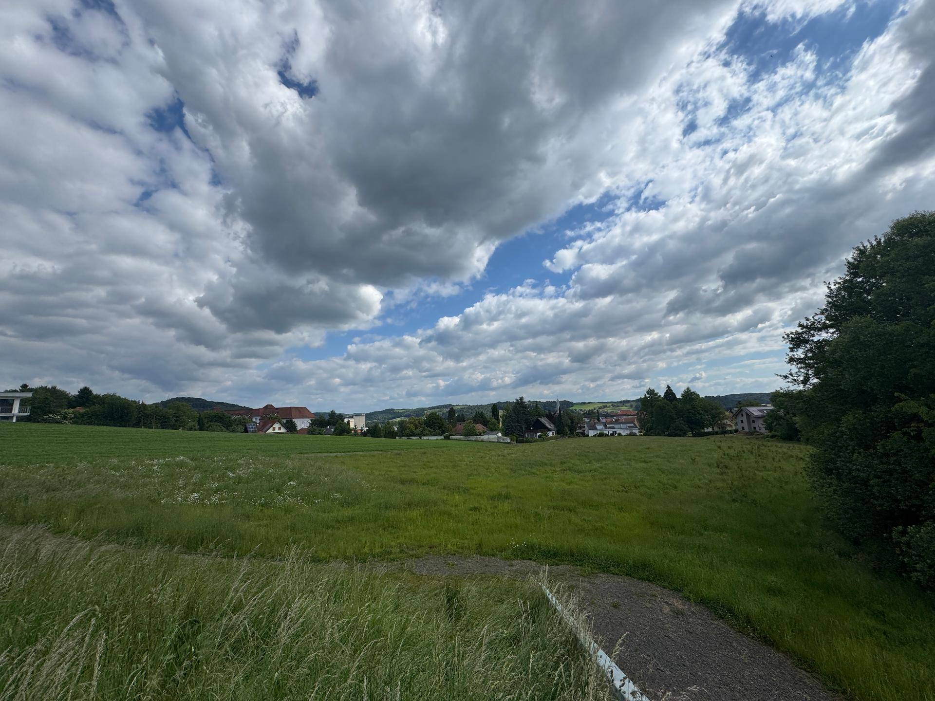 Weitläufige grüne Landschaft mit Häusern am Horizont unter einem bewölkten Himmel.