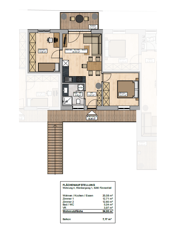 Grundriss einer Wohnung mit offenem Wohn-/Kochbereich, zwei Schlafzimmern und Balkon.