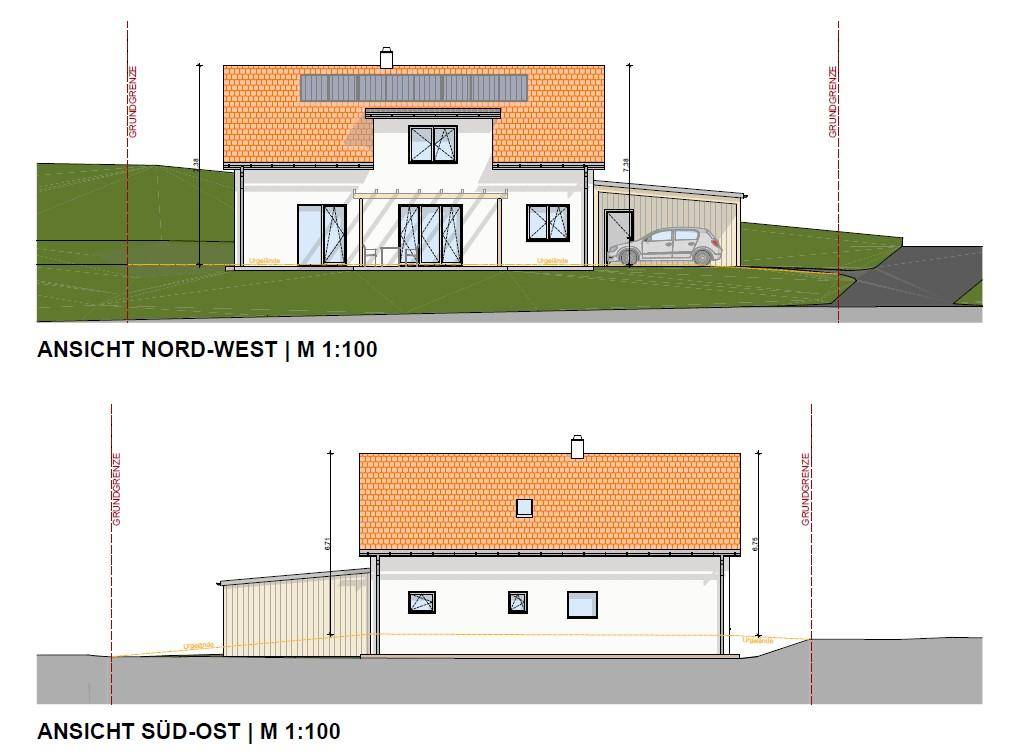 Architektonische Ansichten des Hauses von Nord-West und Süd-Ost mit Photovoltaikanlage.