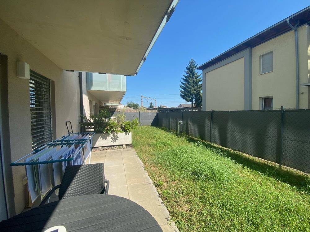 Gepflegte Rasenfläche neben der Terrasse unter blauem Himmel.