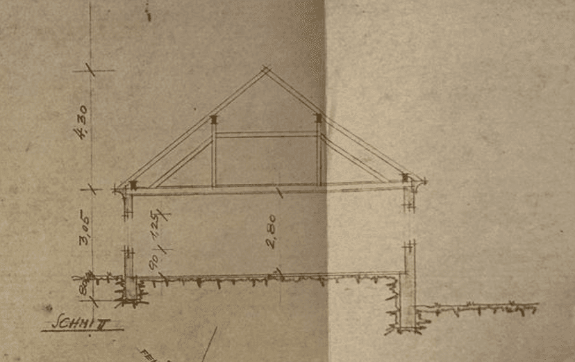Architektonischer Schnitt des Gebäudes zeigt die Dachkonstruktion und Geschosshöhen.
