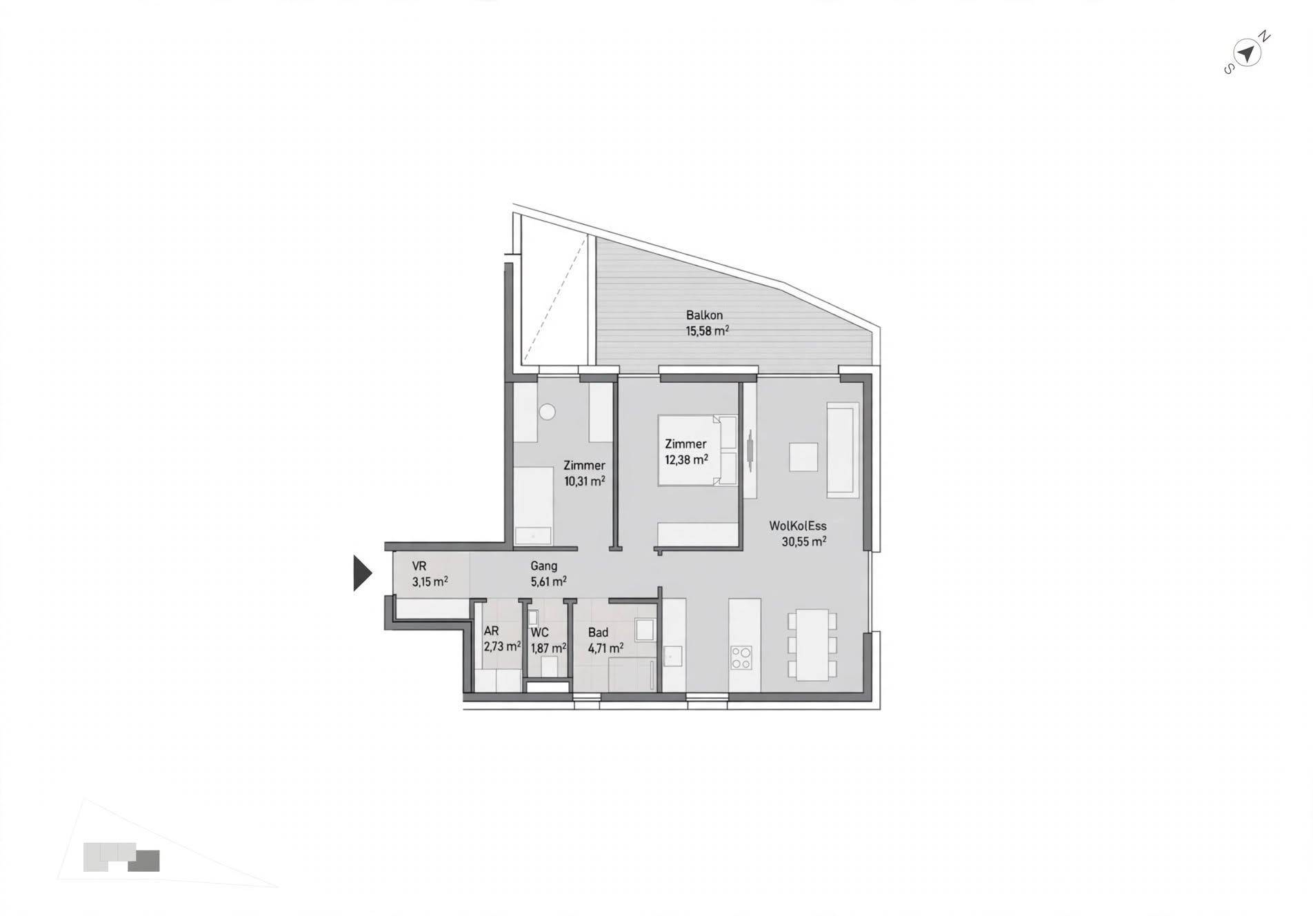 Grundriss einer Wohnung mit offenem Wohn-Koch-Essbereich, zwei Zimmern und einem Balkon.