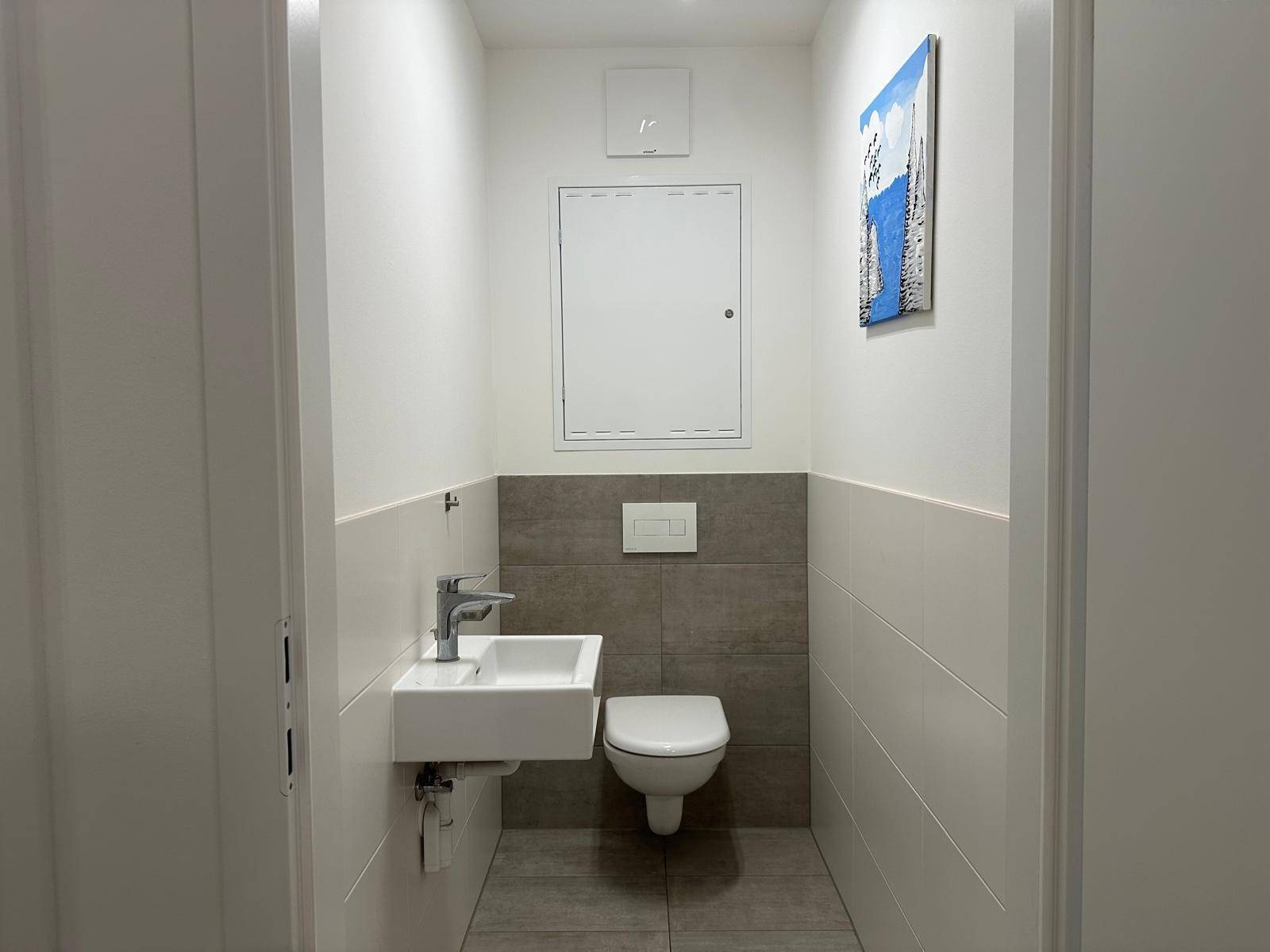 Funktionale Gästetoilette mit wandhängendem WC, kleinem Waschbecken und moderner Wandgestaltung.