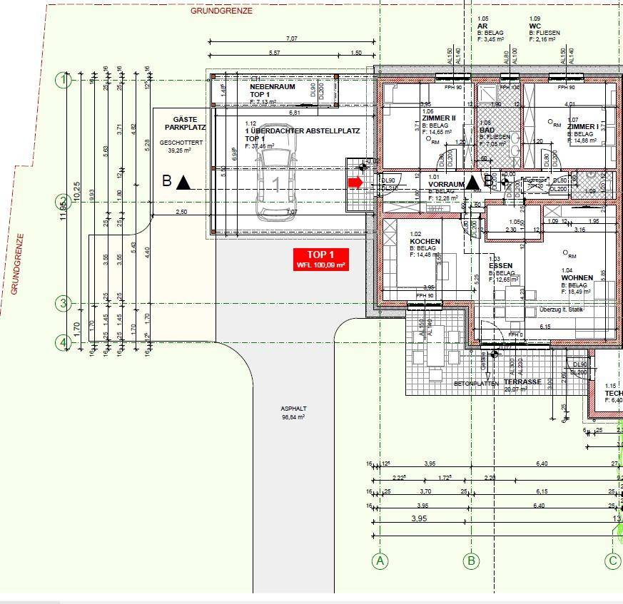 Grundriss für Top 1 mit Wohn-, Ess- und Kochbereich sowie Terrasse und Carport.