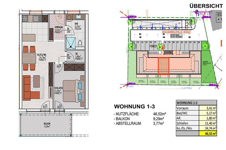 Übersicht des Grundrisses mit Wohnungsdetails und Außenbereich.