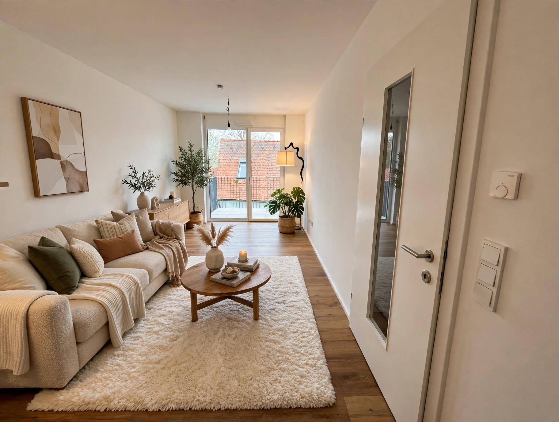 Gemütliches Wohnzimmer mit hellem Sofa, Holzboden und Zugang zum Balkon.