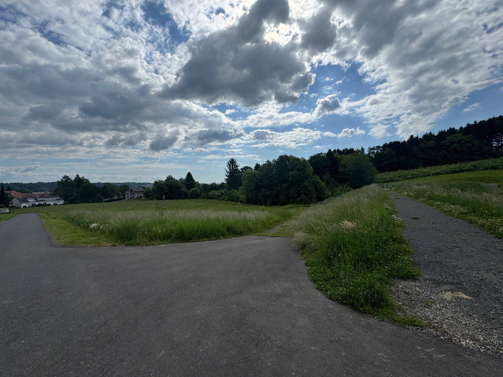 Geteilter asphaltierter Weg durch eine grüne Landschaft mit Häusern in der Ferne unter Wolken.