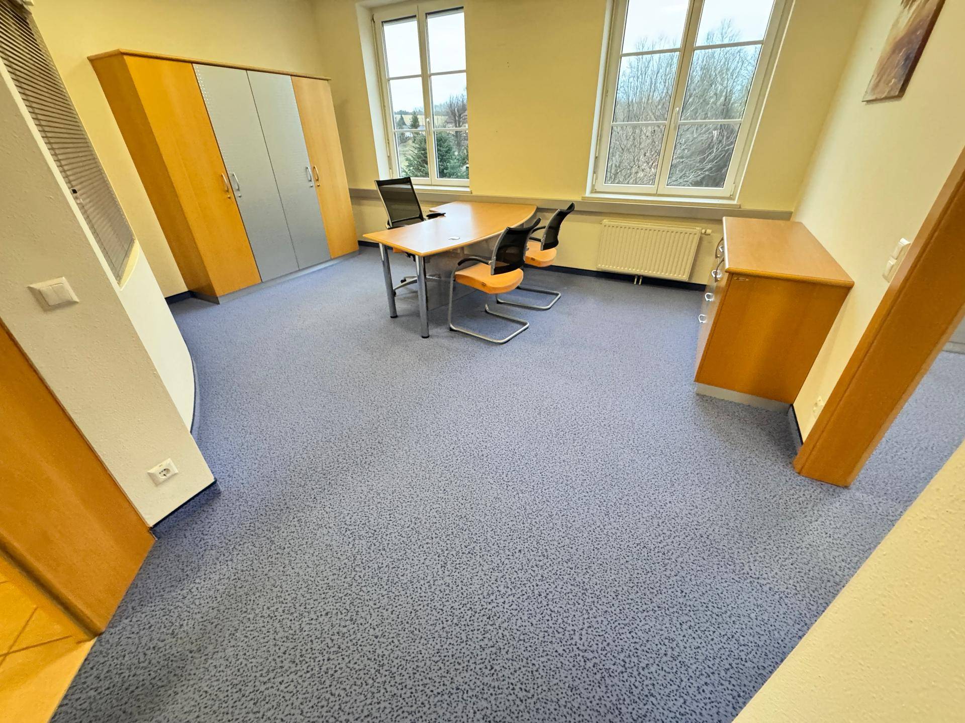 Büroraum mit blauem Teppichboden, großen Fenstern und einfacher Büroeinrichtung.