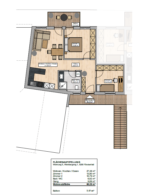 Grundriss einer Wohnung mit offenem Wohn-/Kochbereich, Schlafzimmern, Bad und Balkon.
