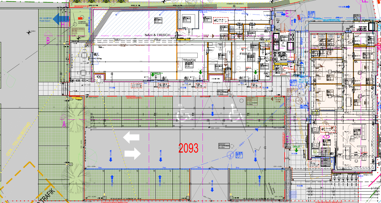 Übersichtsplan eines Gebäudekomplexes mit mehreren kommerziellen Einheiten und einem großen Parkplatz.