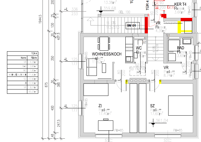 Grundriss einer Wohnung mit offenem Wohn-Ess-Kochbereich, Schlafzimmern, Bad und separatem WC.