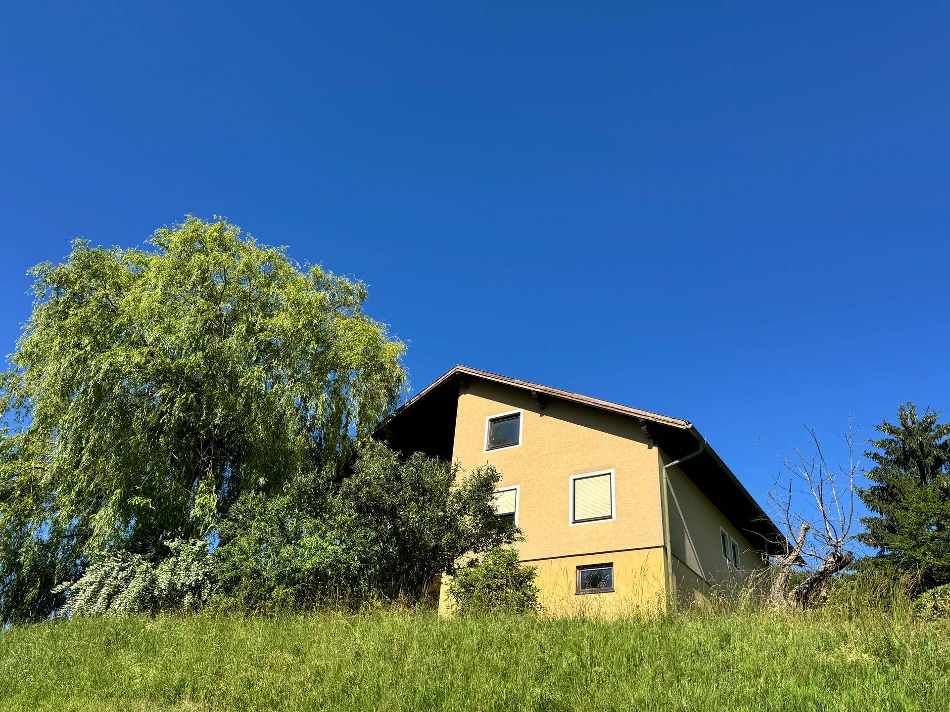 Haus in idyllischer Landschaft, umgeben von Bäumen und Wiesen unter strahlend blauem Himmel.