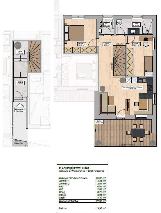 Grundriss der Wohnung 3 mit offenem Wohn-/Koch-/Essbereich, Balkon und separatem Lagerraum.
