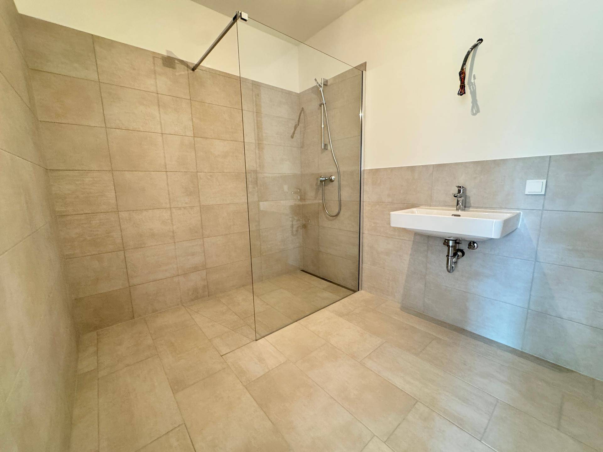Modernes Badezimmer mit großer, begehbarer Dusche und einem einzelnen Waschbecken.