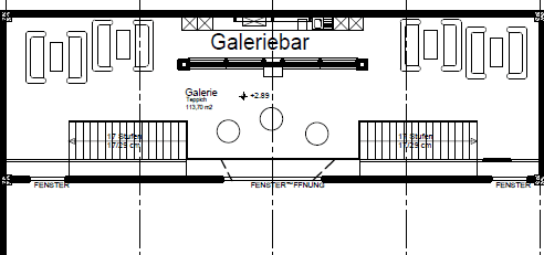 Grundriss einer Galeriebar mit Treppen und Fenstern, die eine offene Gestaltung zeigt.