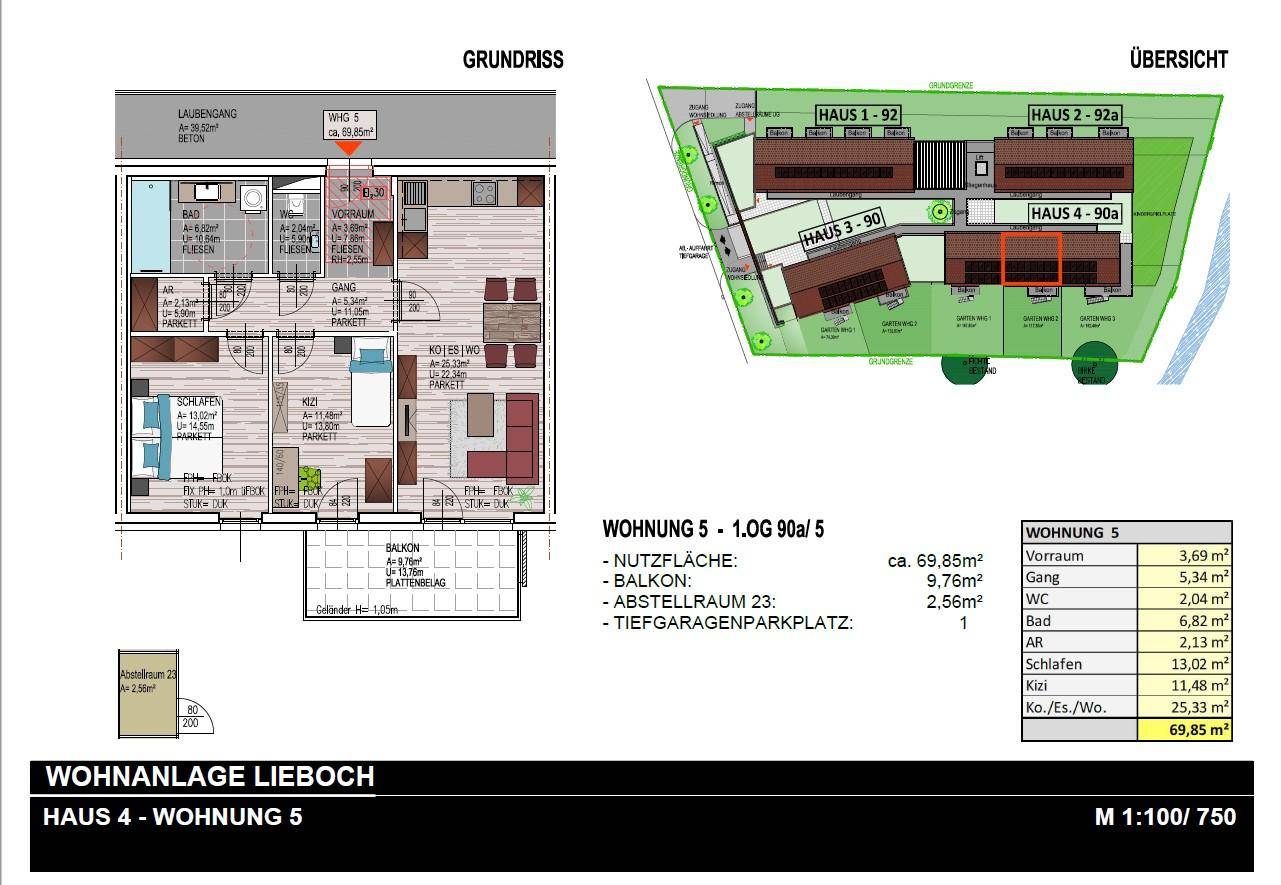 Grundriss einer modernen Wohnung mit offenem Wohnbereich, zwei Schlafzimmern, Bad, separatem WC und Balkon.