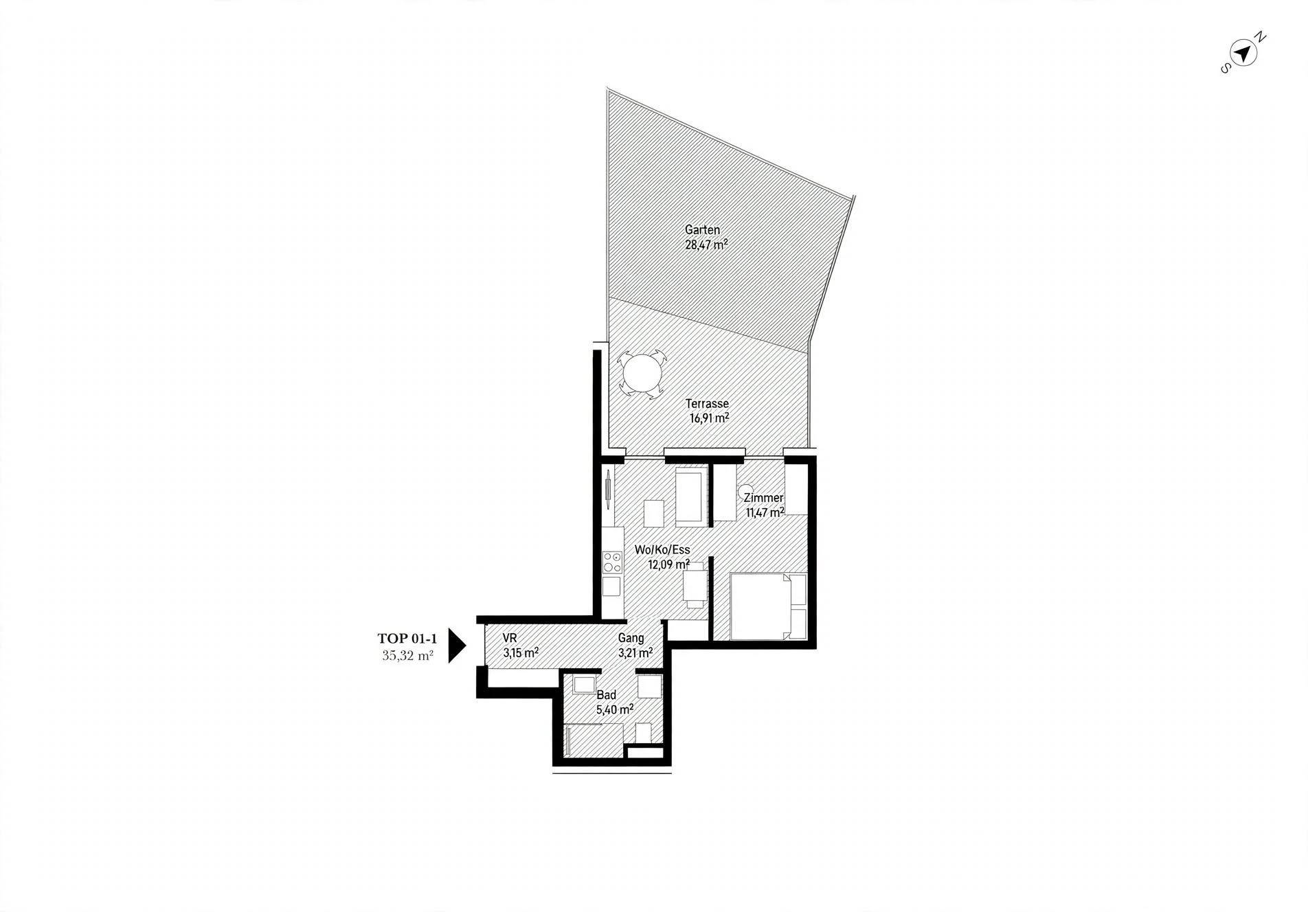 Grundriss einer Wohneinheit mit offenem Wohnbereich, einem Schlafzimmer, Bad, Terrasse und Garten.