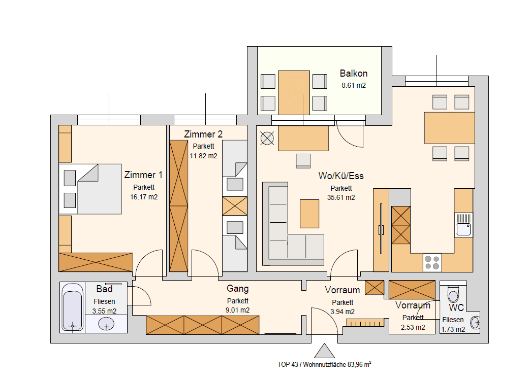 Detaillierter Grundriss der Wohnung mit Raumaufteilung und Möblierungsvorschlägen.