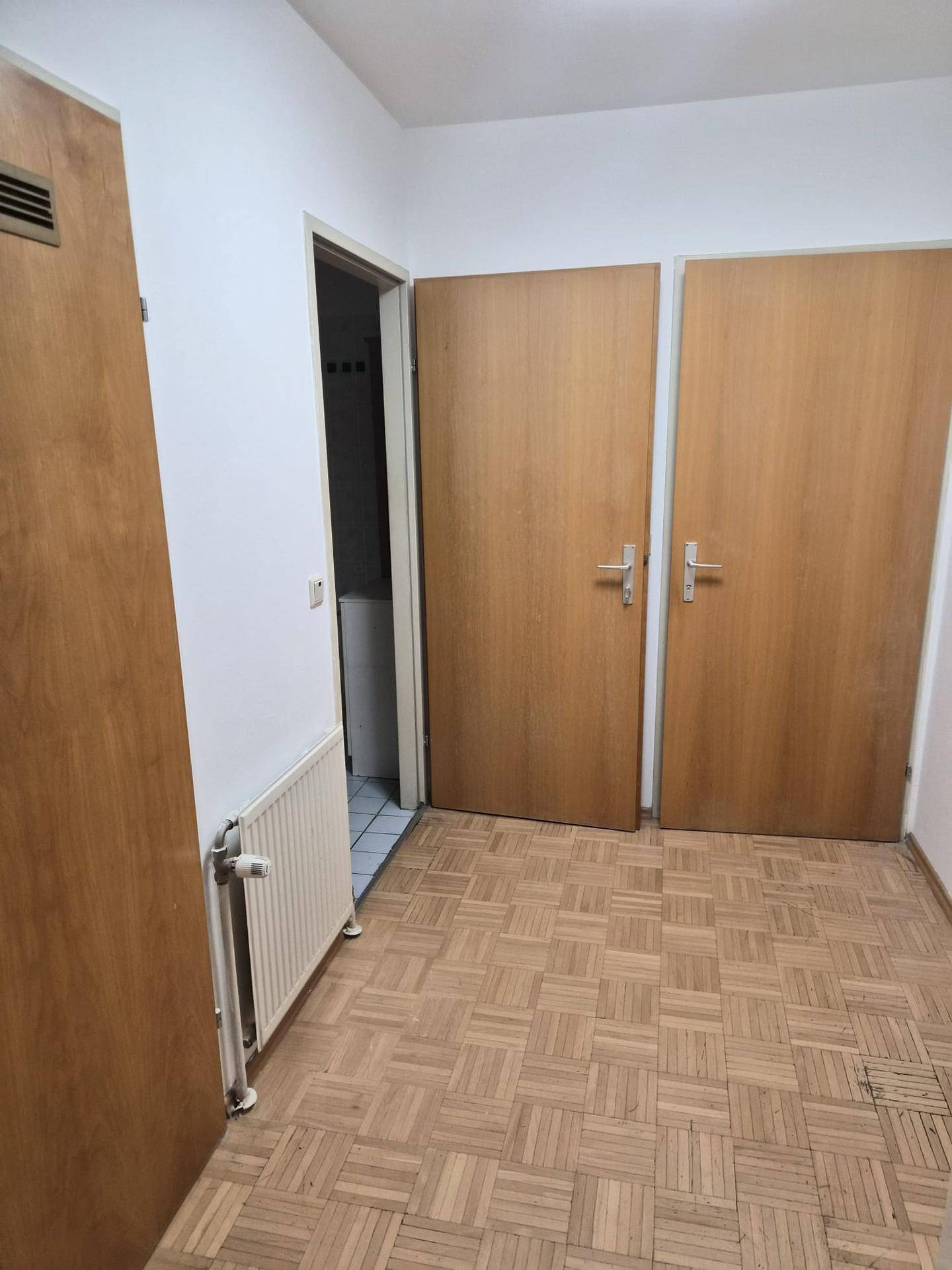 Flur mit Parkettboden und mehreren Holztüren, die zu den angrenzenden Räumen führen.