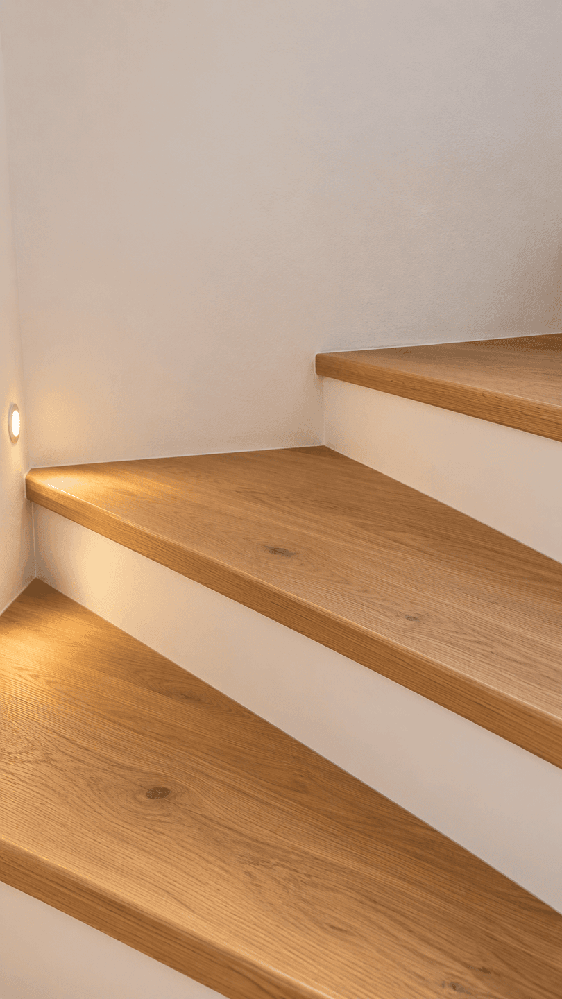 Moderne Holztreppe mit integrierter Beleuchtung und weiß gestrichenen Wänden, elegant gestaltet.