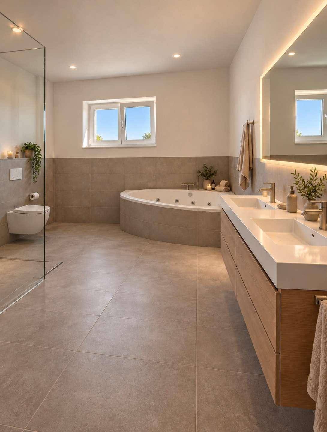 Modernes Badezimmer mit Doppelwaschbecken, Badewanne, Dusche und großformatigen Fliesen.