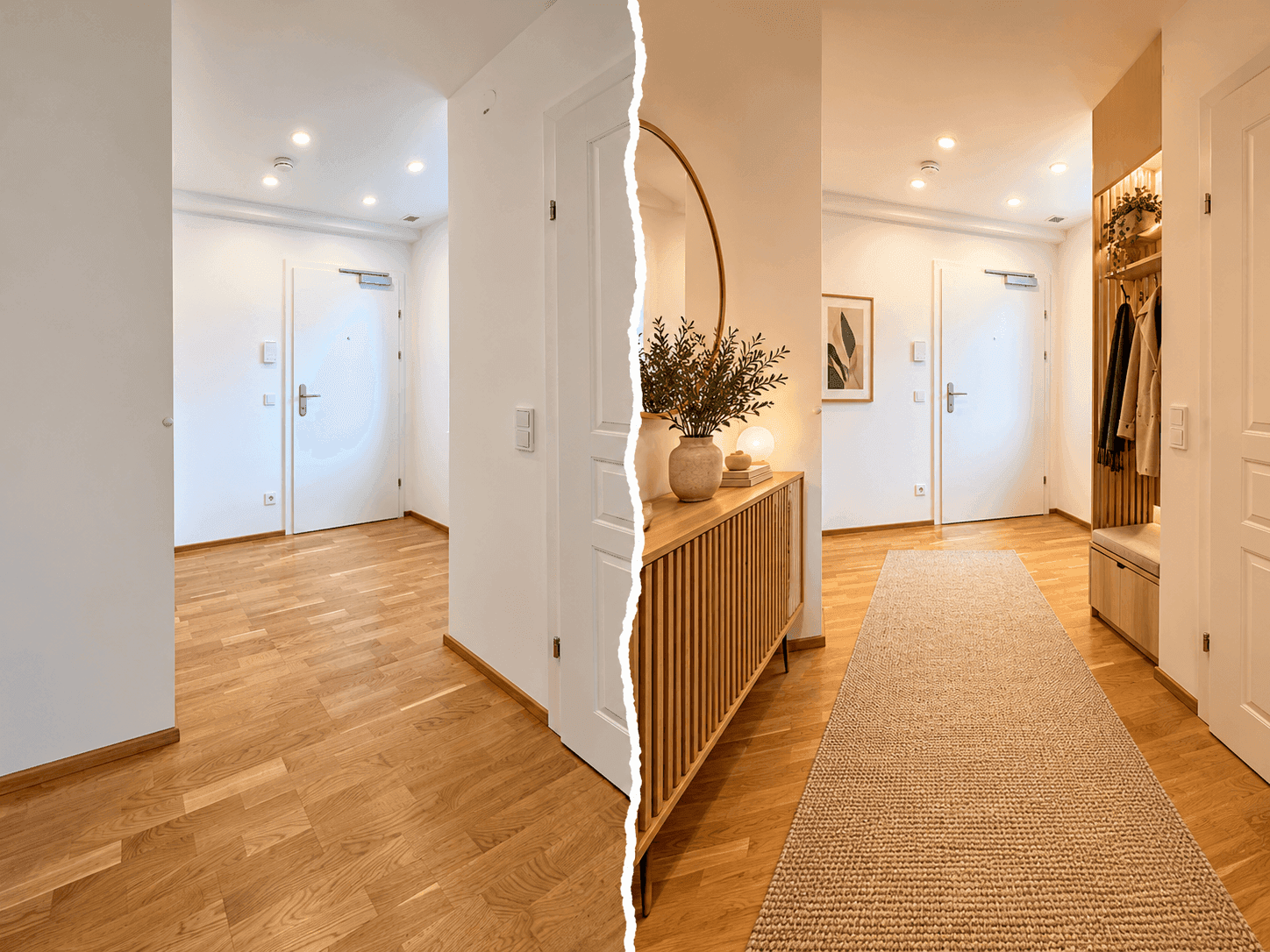 Eingangsbereich mit Holzboden und Garderobe, vor und nach der virtuellen Einrichtung.