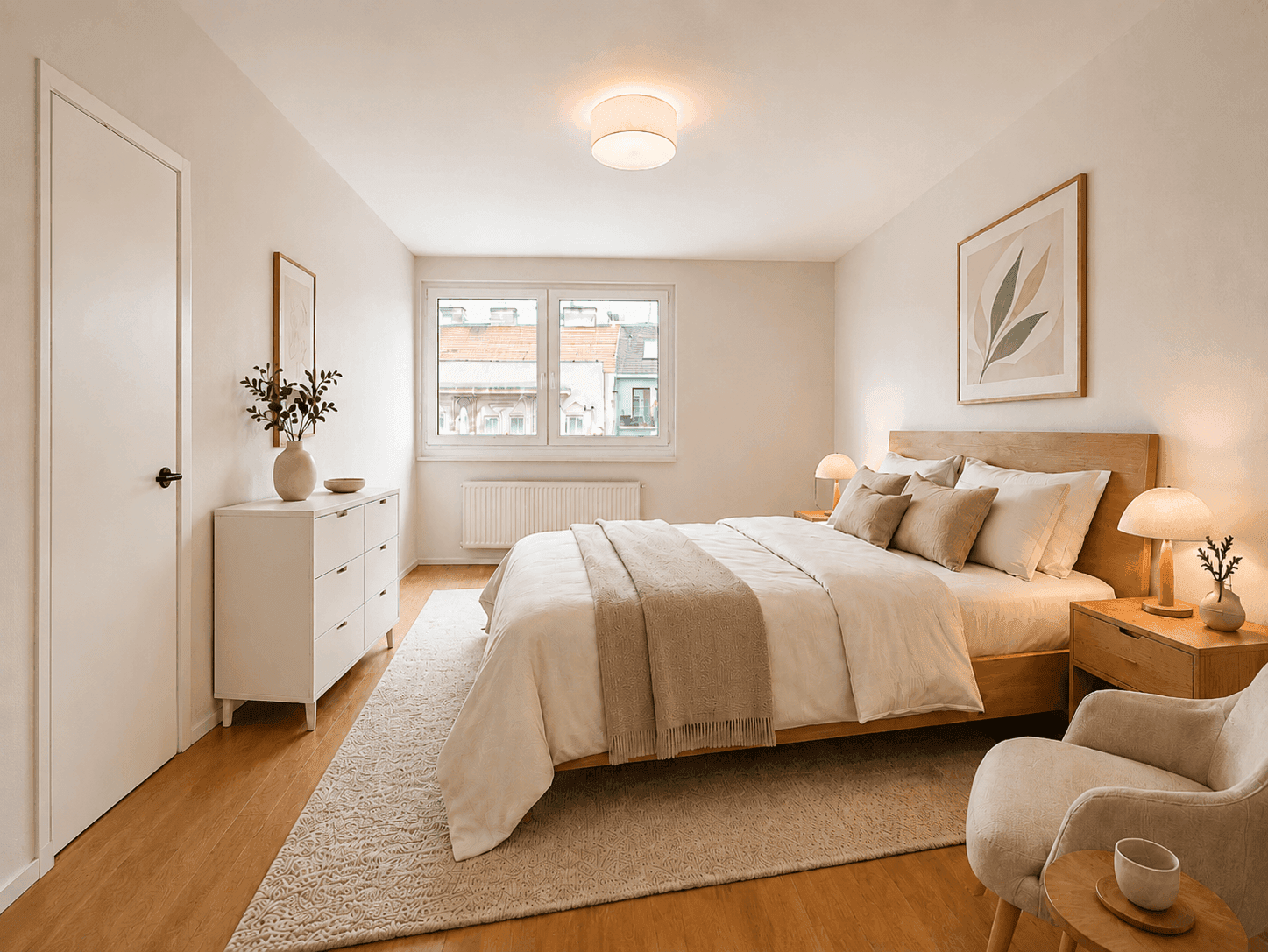 Geräumiges Schlafzimmer mit Doppelbett, Kommode und Fenster mit Blick nach draußen.