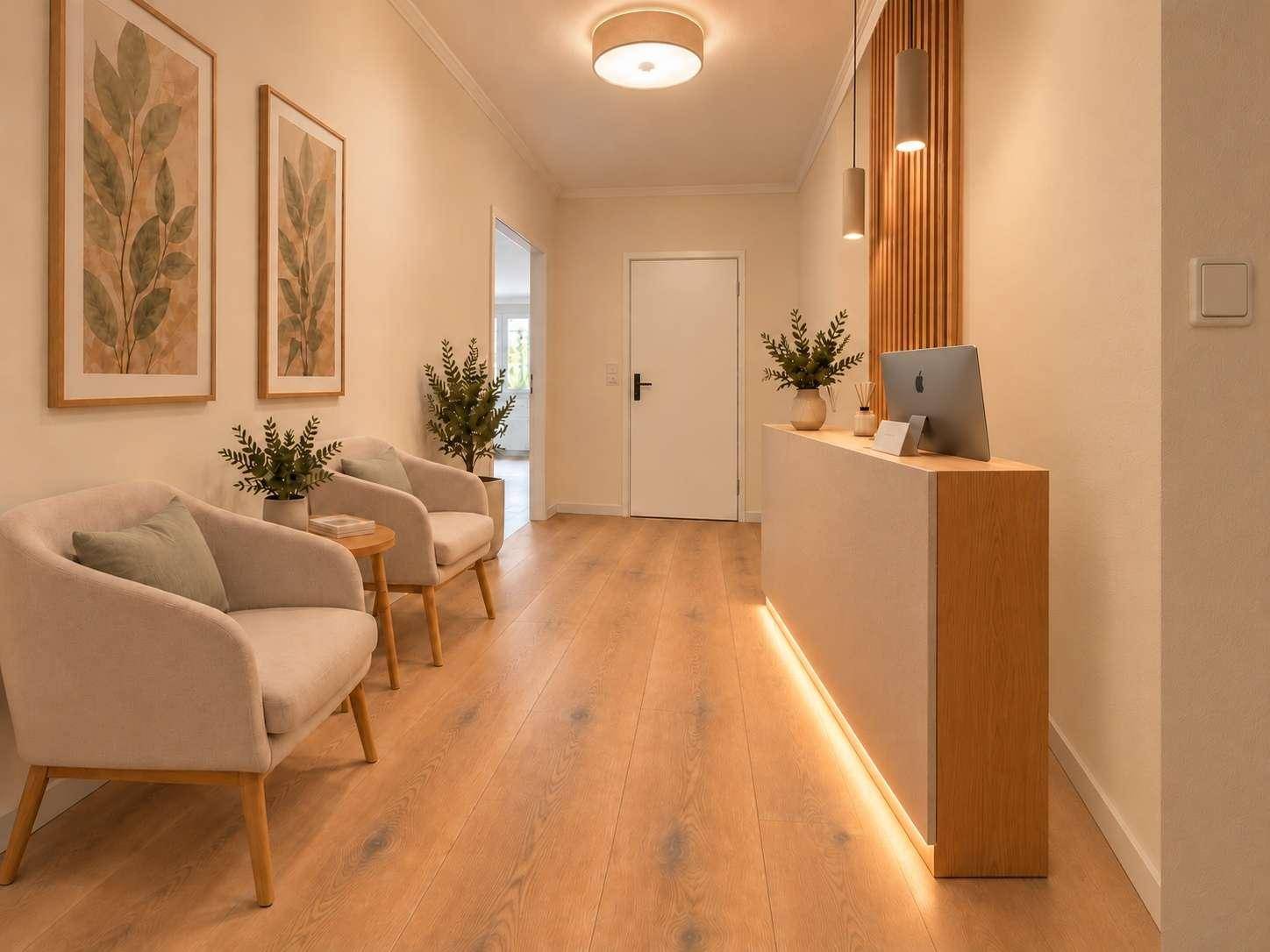 Heller Empfangsbereich im Flur mit Holzboden, bequemen Sesseln und moderner Rezeptionstheke.