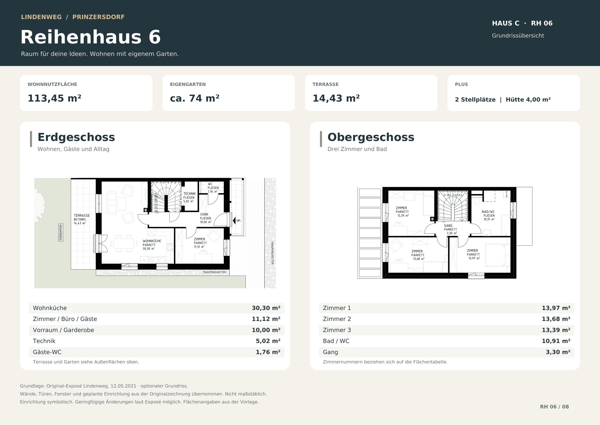 Grundrissübersicht für Reihenhaus 6 mit Erdgeschoss und Obergeschoss, inklusive Flächenangaben.