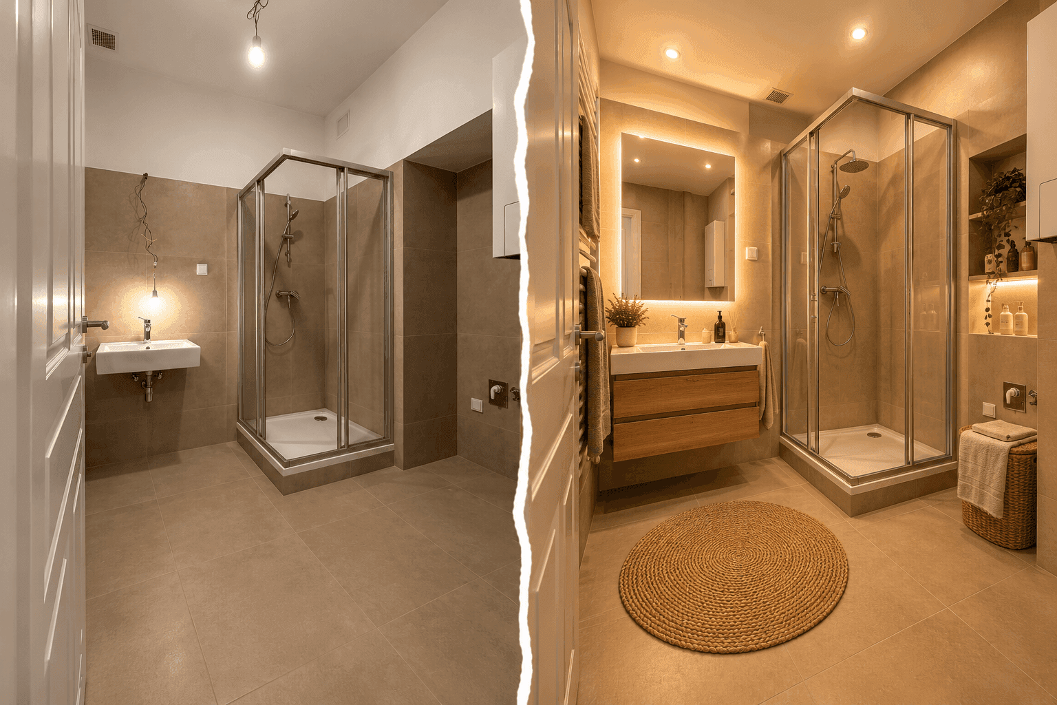 Virtuell inszeniertes Badezimmer mit moderner Dusche, Doppelwaschbecken und Fliesenboden.
