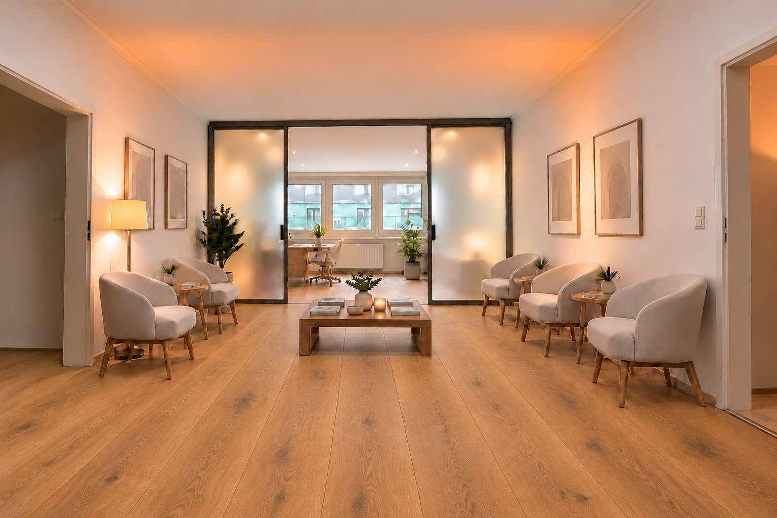 Geräumiges Wohnzimmer mit Holzboden und eleganten Schiebetüren, die einen weiteren Raum abtrennen.