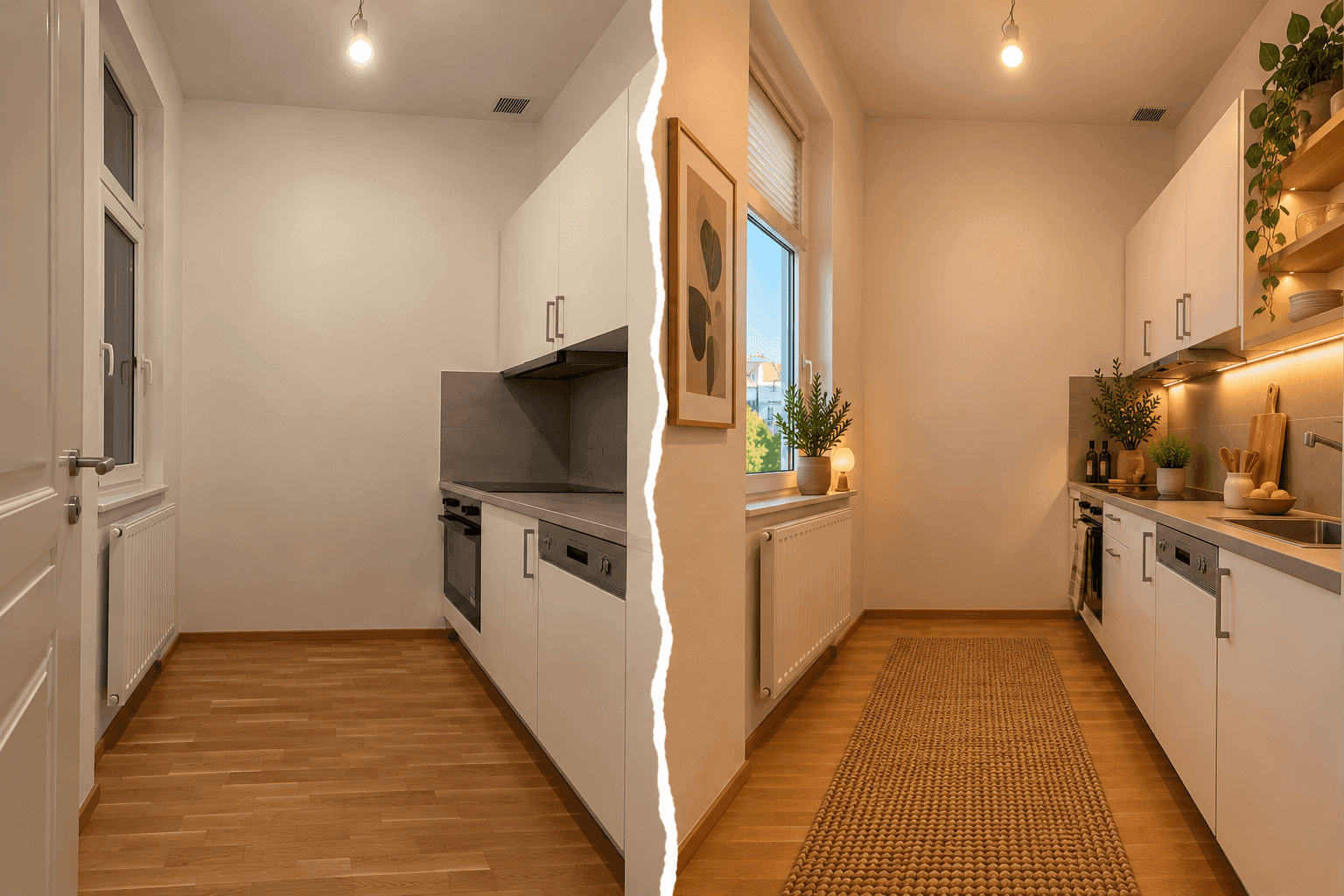 Virtuell inszenierte Küche mit weißen Schränken, Holzboden und Fenster.