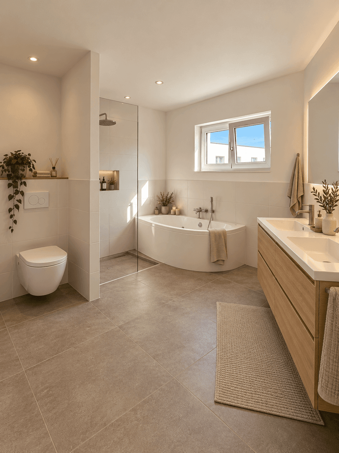 Modernes Badezimmer mit Badewanne, begehbarer Dusche und Doppelwaschbecken, sehr geräumig.