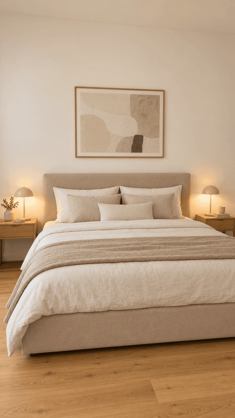 Gemütliches Schlafzimmer mit Doppelbett, Holzboden und neutraler Farbgestaltung, sehr hell.