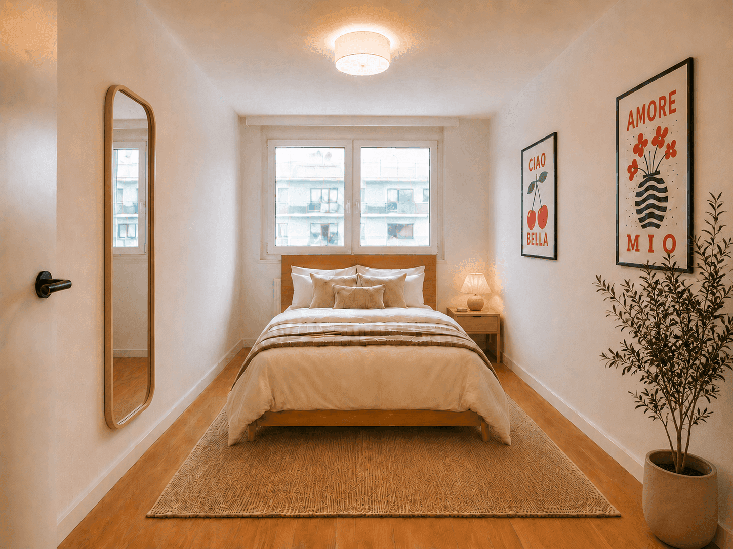 Helles Schlafzimmer mit Doppelbett, großem Spiegel und Blick aus dem Fenster.