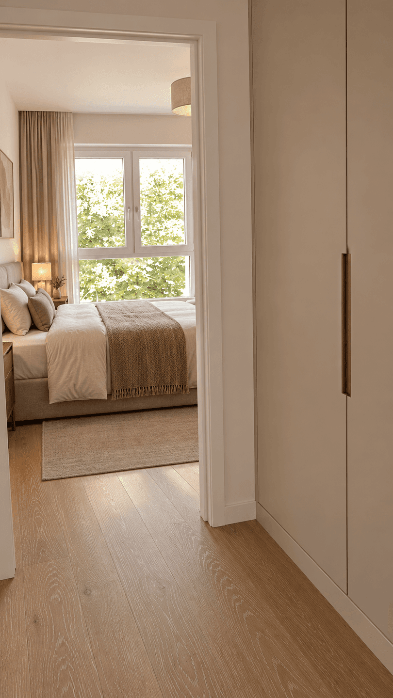 Helles Schlafzimmer mit Doppelbett, Holzboden und großem Fenster mit Blick ins Grüne.