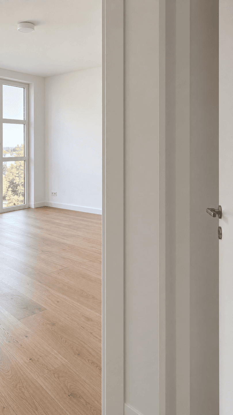 Heller Raum mit Holzboden und großem Fenster, bereit für die individuelle Einrichtung.