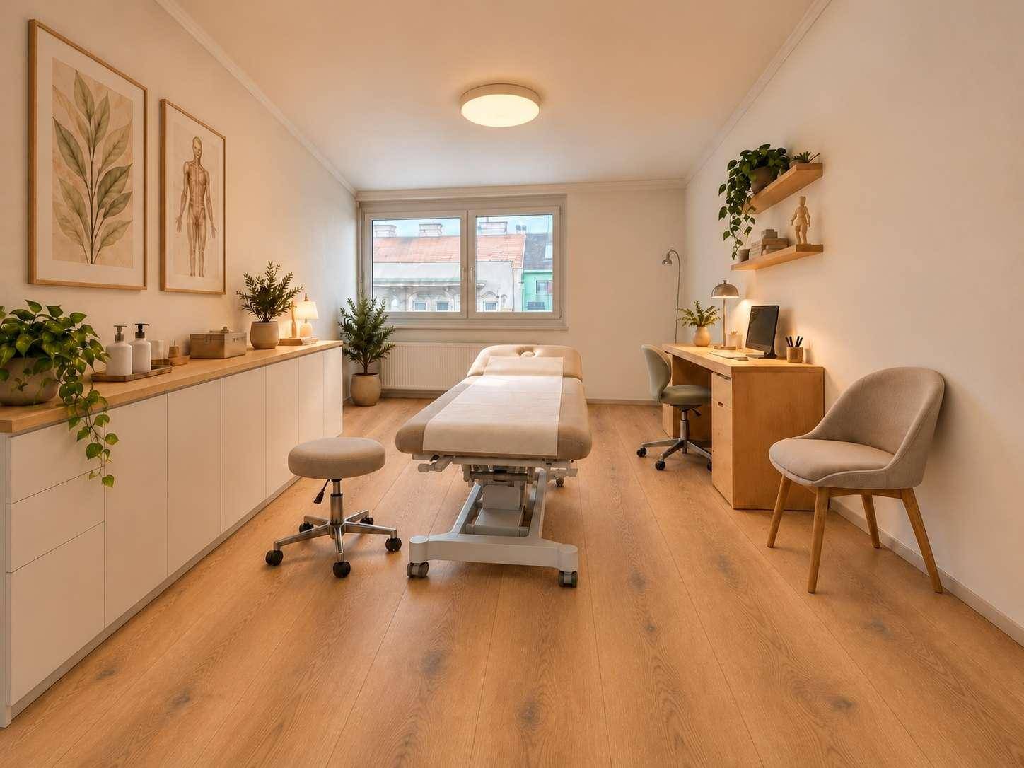 Helles Behandlungszimmer mit Holzboden, Schränken und Schreibtisch für professionelle Anwendungen.