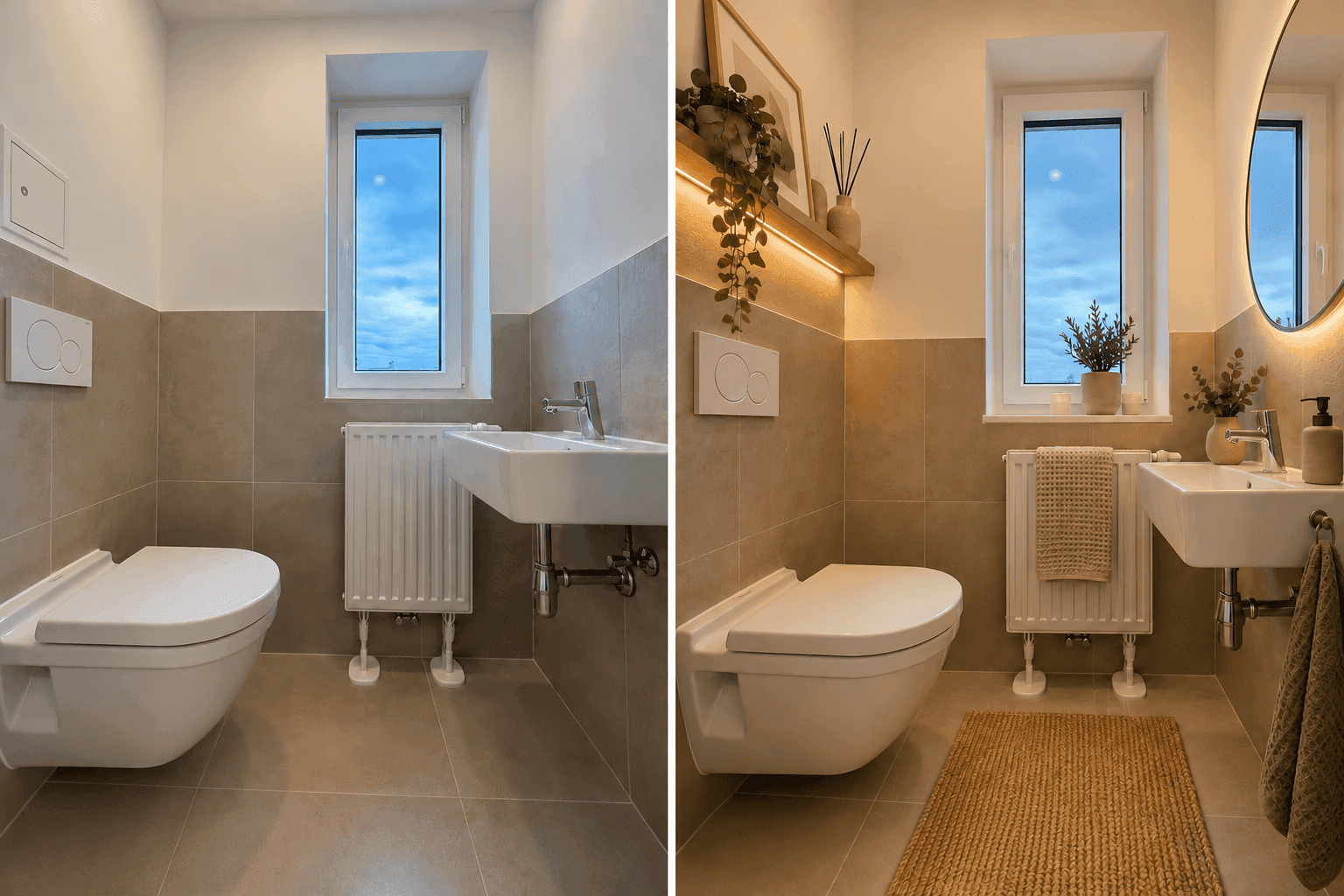 Modernes Gäste-WC mit Wand-WC, Waschbecken und Fenster, vor und nach der Einrichtung.