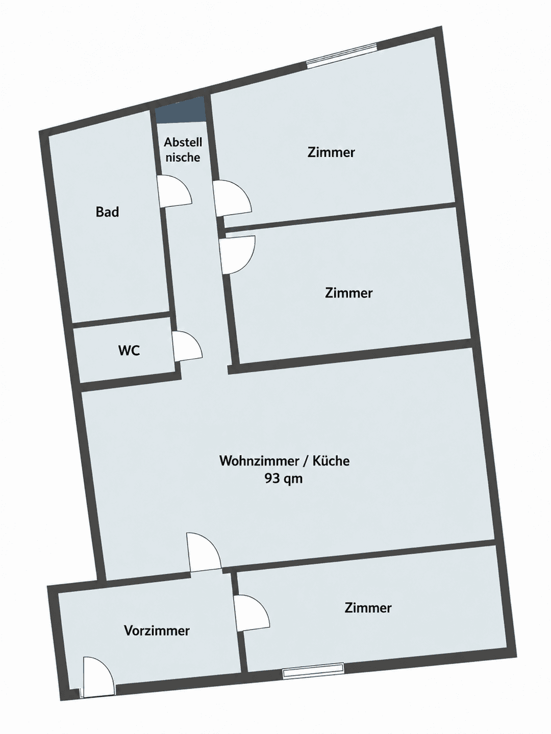 Grundrissplan mit Bad, WC, Abstellnische, Wohnzimmer/Küche und drei weiteren Zimmern.