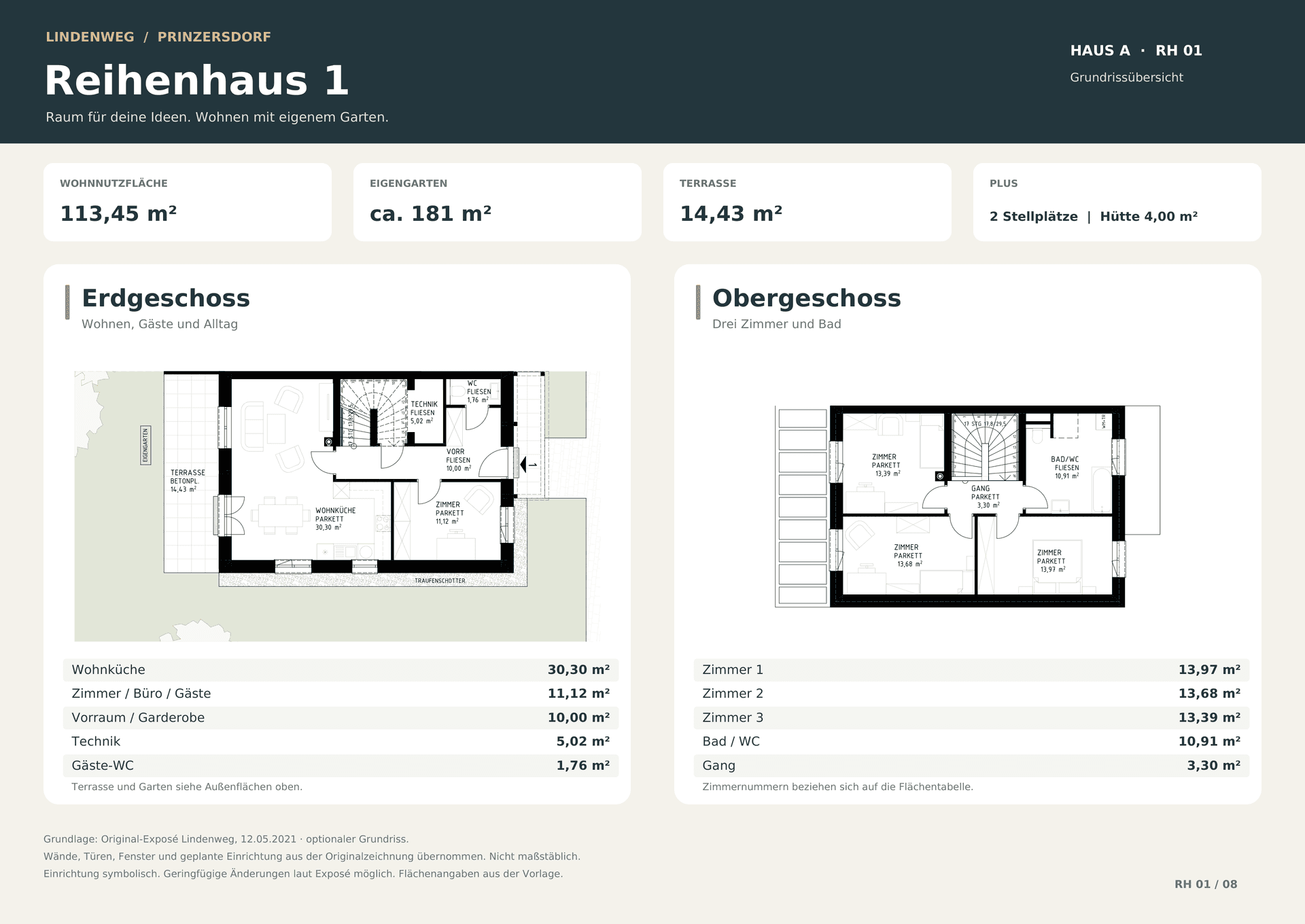 Grundrissübersicht für Reihenhaus 1 mit Erdgeschoss und Obergeschoss, inklusive Flächenangaben.