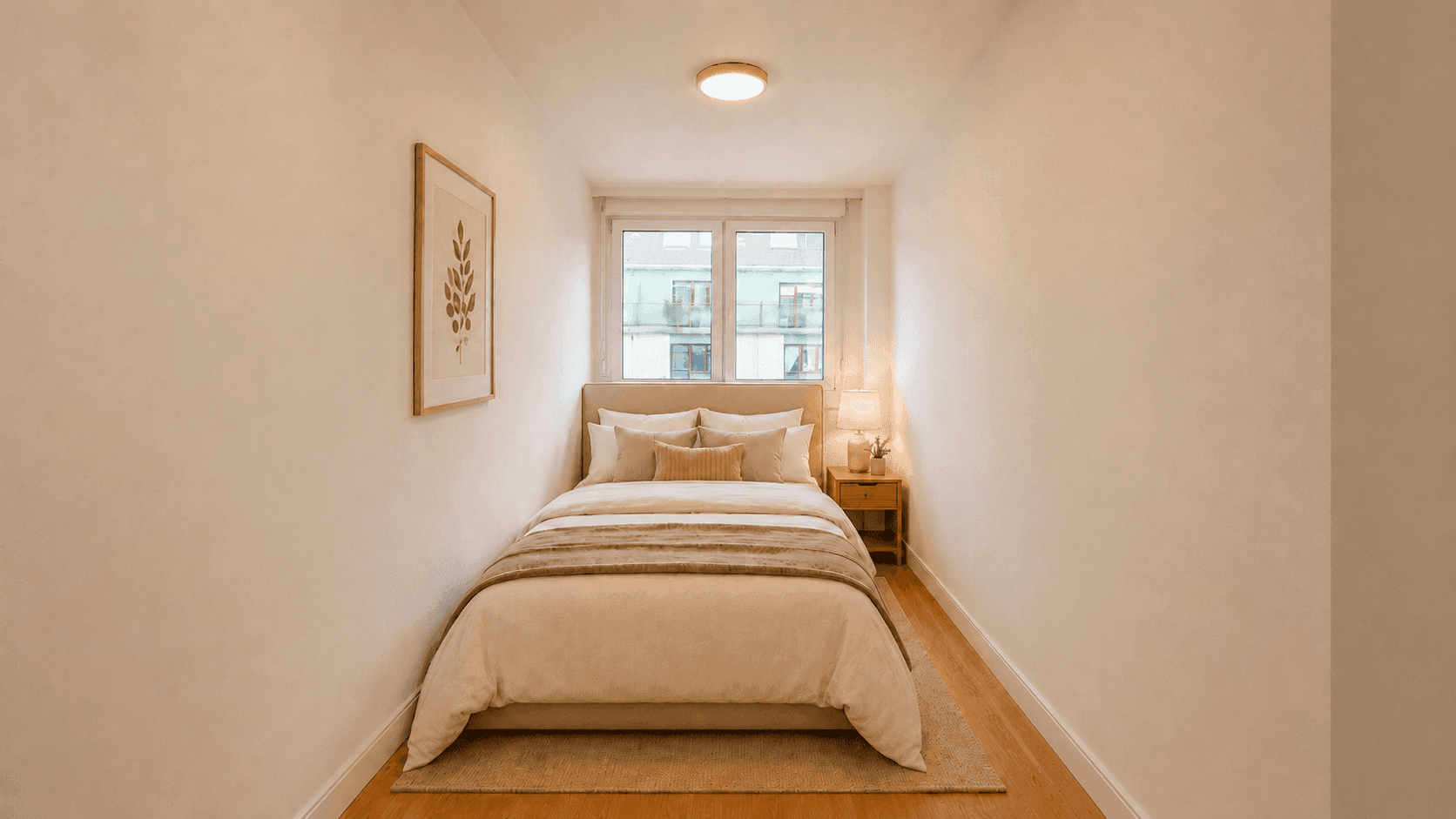 Gemütliches Schlafzimmer mit Doppelbett, Nachttisch und Fenster für natürliches Licht.