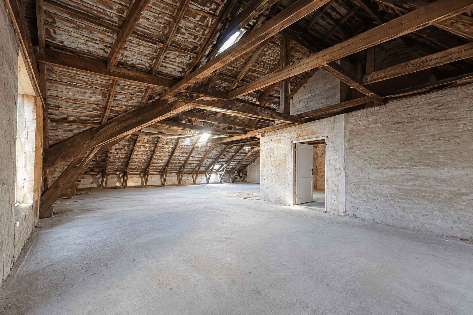 Großer Dachbodenraum mit mehreren Dachfenstern, freiliegenden Holzbalken und unfertigen Wänden, bietet viel Potenzial.